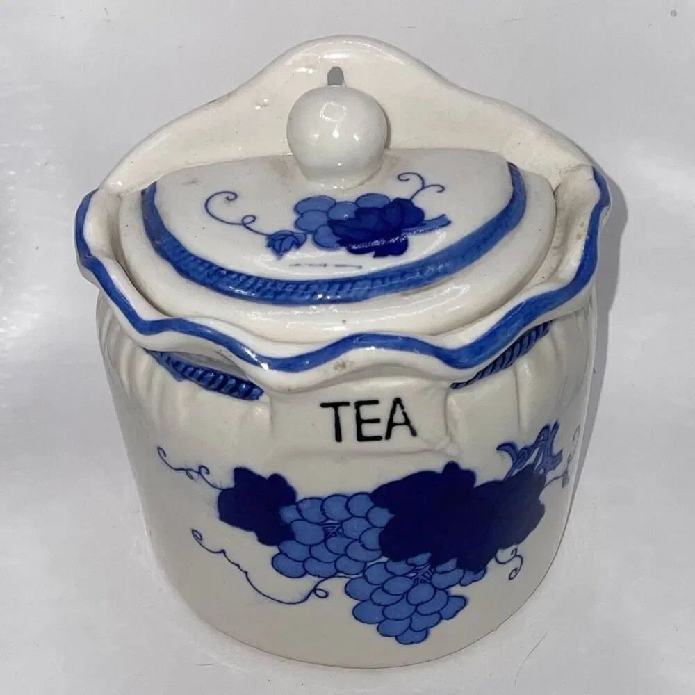 Vintage Tea Jar Hanging Wall Pocket Canister Blue White Ceramic Grape Hand Paint
